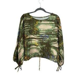 Bryn Walker Blouse Womens Size Small Green Abstract Cropped Dolman Sleeve Top